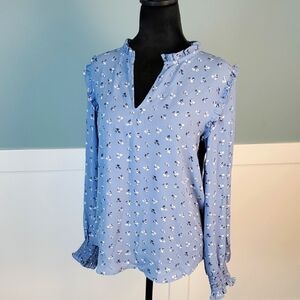 Loft Periwinkle Floral V Neck Top With Ruffles S